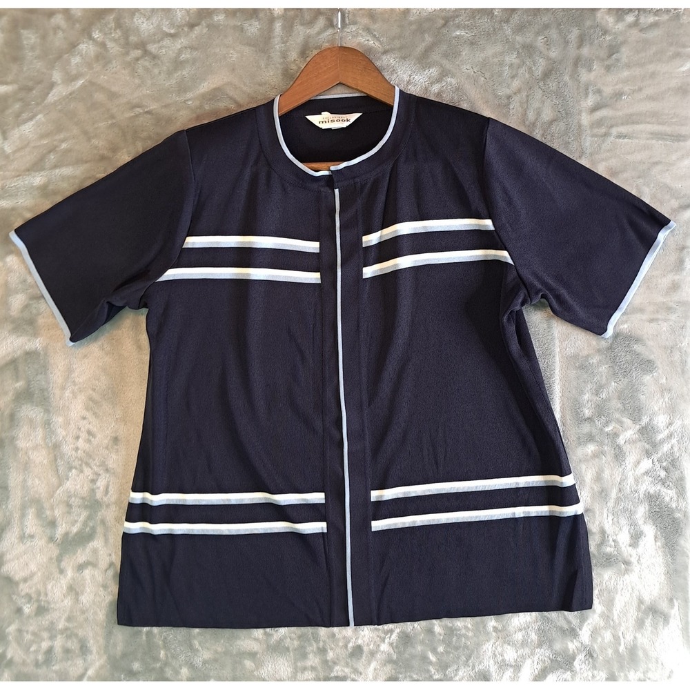 Exclusively Misook Womens M Navy Blue Stripe Short Sleeve Knit Open Cardigan Top